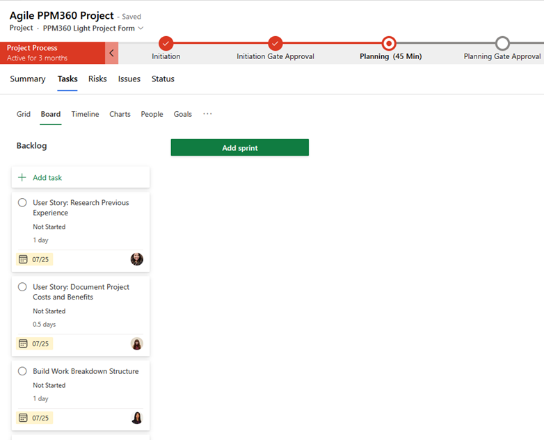 Figure 3 - By default, all tasks display as part of the Backlog. The “Add sprint” button is used to create /define each sprint.