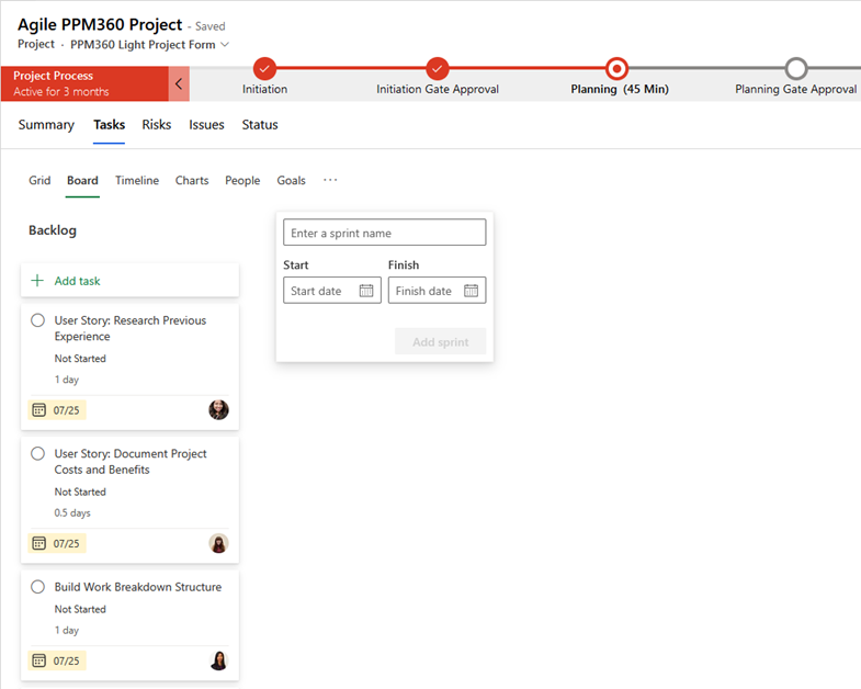 Figure 4 - After clicking "Add Sprint", options to name the sprint and identify the 'Start' and 'Finish' dates display.