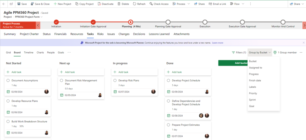 Figure 7 - Quickly view sprint progress using the "Group by" feature and defined "Buckets"
