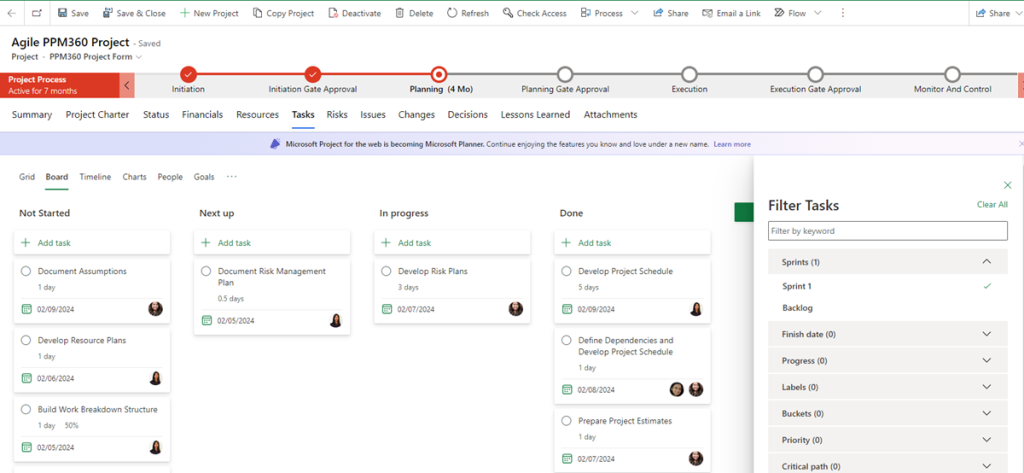 Figure 8 - Use filters and grouping together to focus on progress for a specific sprint.